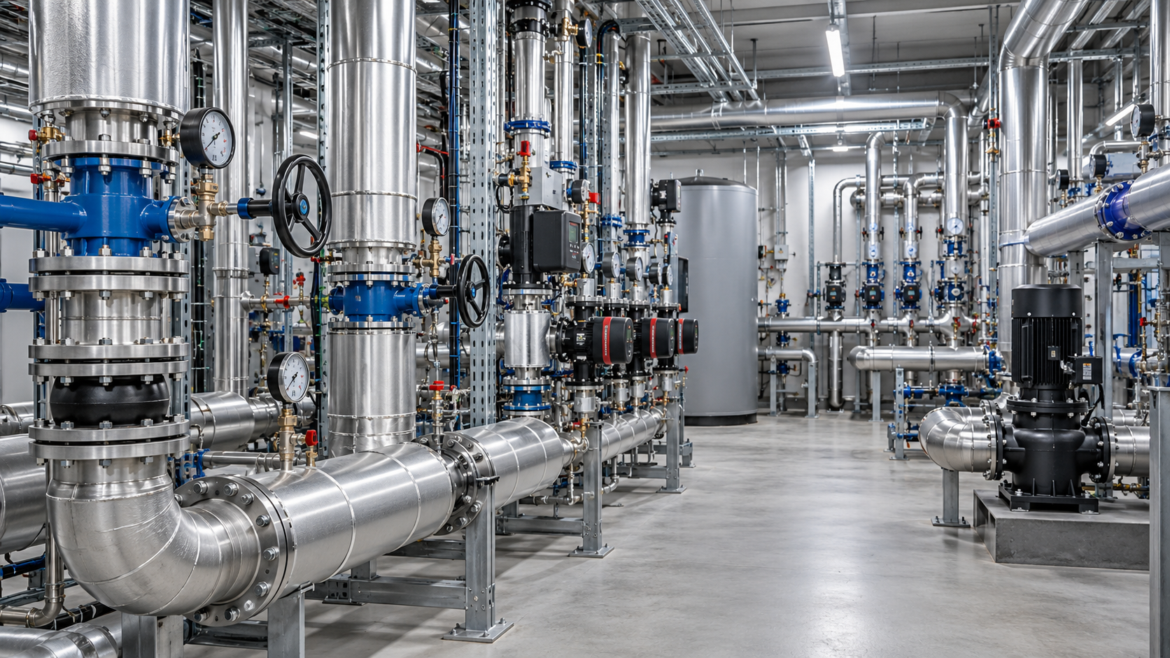 Illustration einer Technikzentrale mit Rohrleitungen, Ventilen, Pumpen und Hydraulik