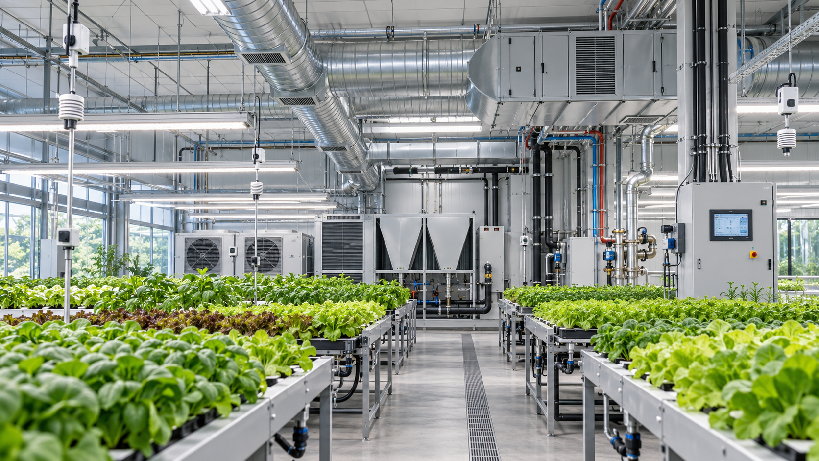 Symbolbild eines Indoor-Gewächshauses mit Kühlung, Lüftung, Sensoren und Automation