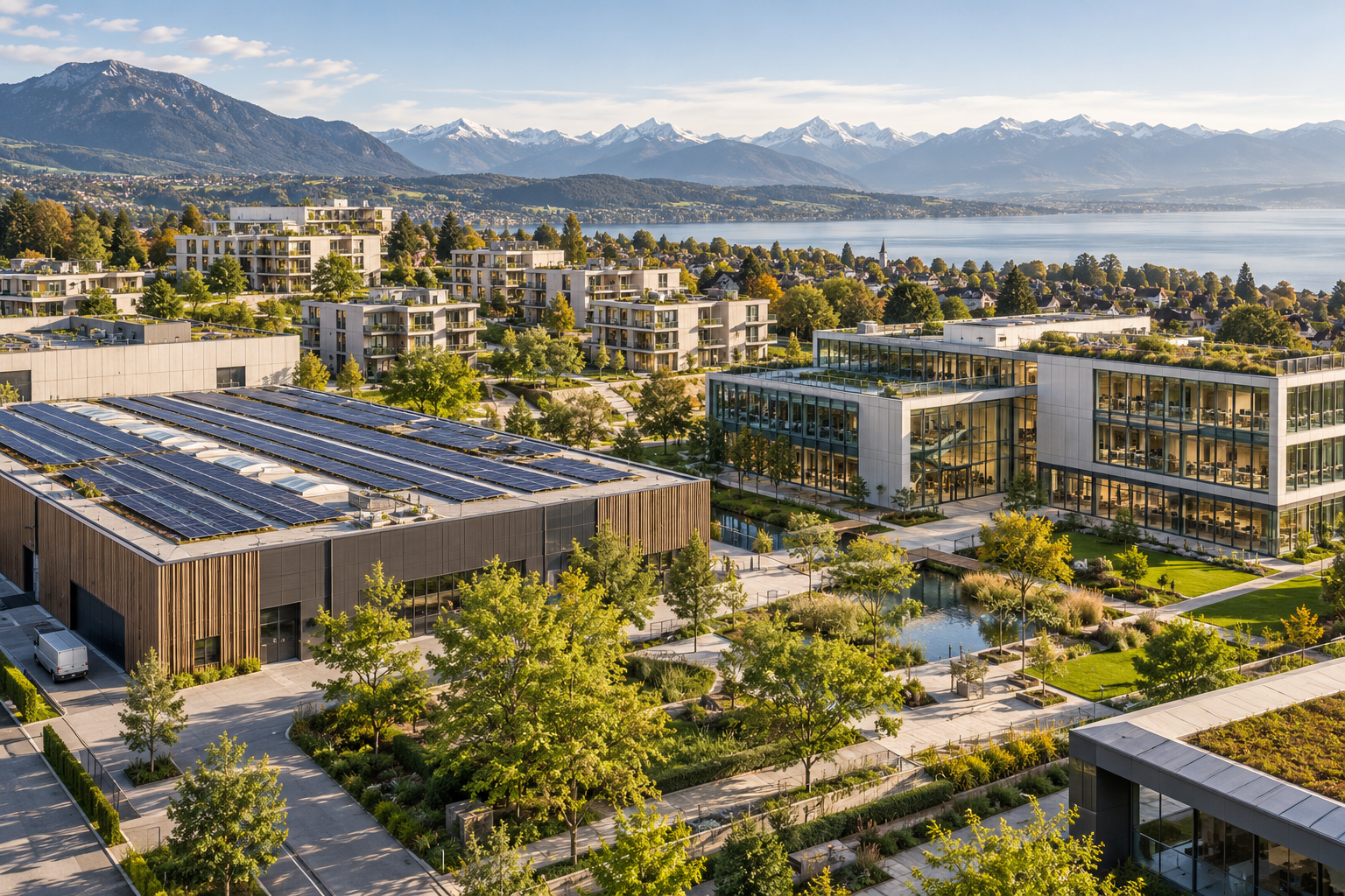 Visualisierung eines nachhaltigen Gewerbe- und Forschungscampus mit Solardächern, moderner Architektur und begrünten Freiflächen